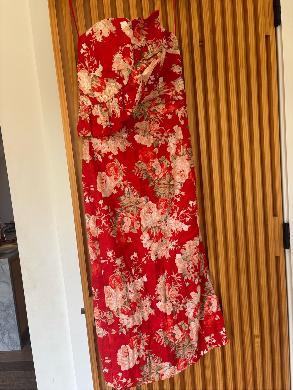 Sézane Pauline Floral Red Strapless Maxi dress